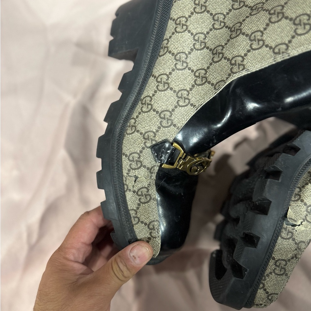 Gucci Beige GG Canvas & Black Patent Leather Combat Boots with Gold Hardware - Picture 8 of 10